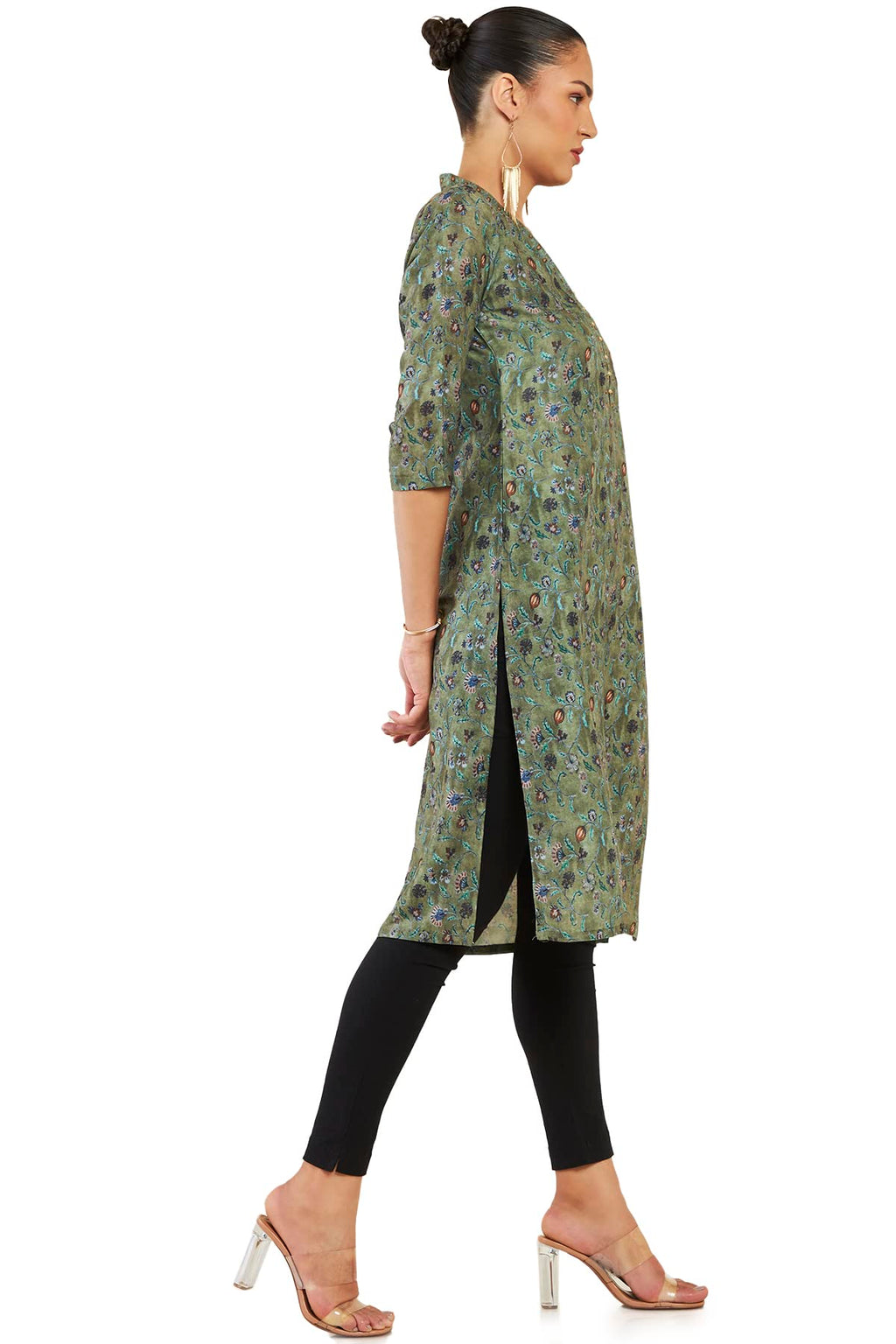 Soch Women Olive Cotton Blend Floral Kurta