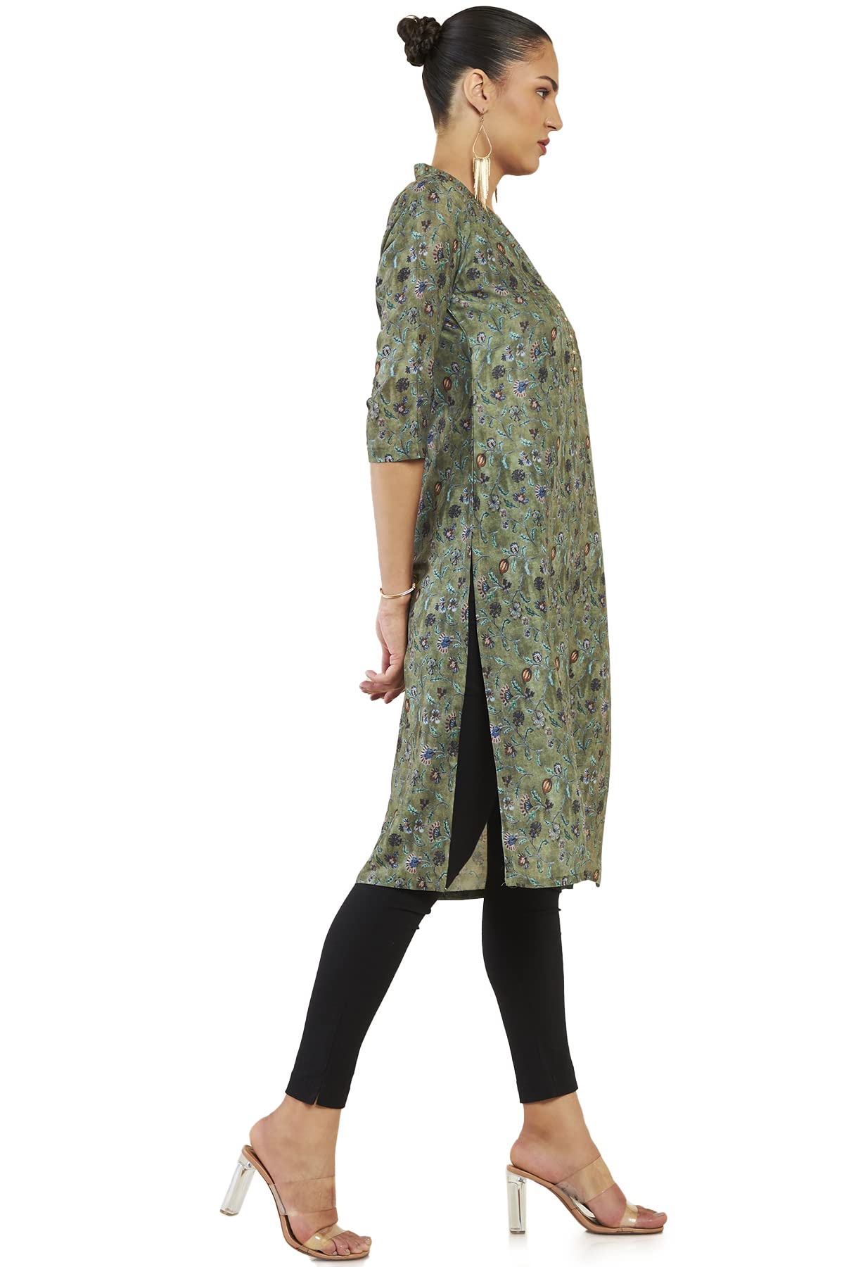 Soch Women Olive Cotton Blend Floral Kurta