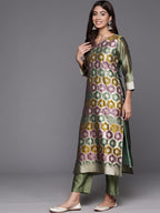 Varanga Women Green Geometric Woven Texture Straight Kurta Paired With Tonal Bottom And Dupatta