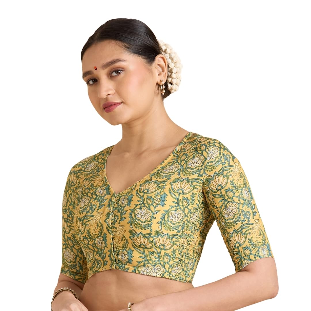 Studio Shringaar WomenS Yellow Cotton Printed Side Stretch (Smocked) Readymade Saree Blouse (Yellow, 40) 40