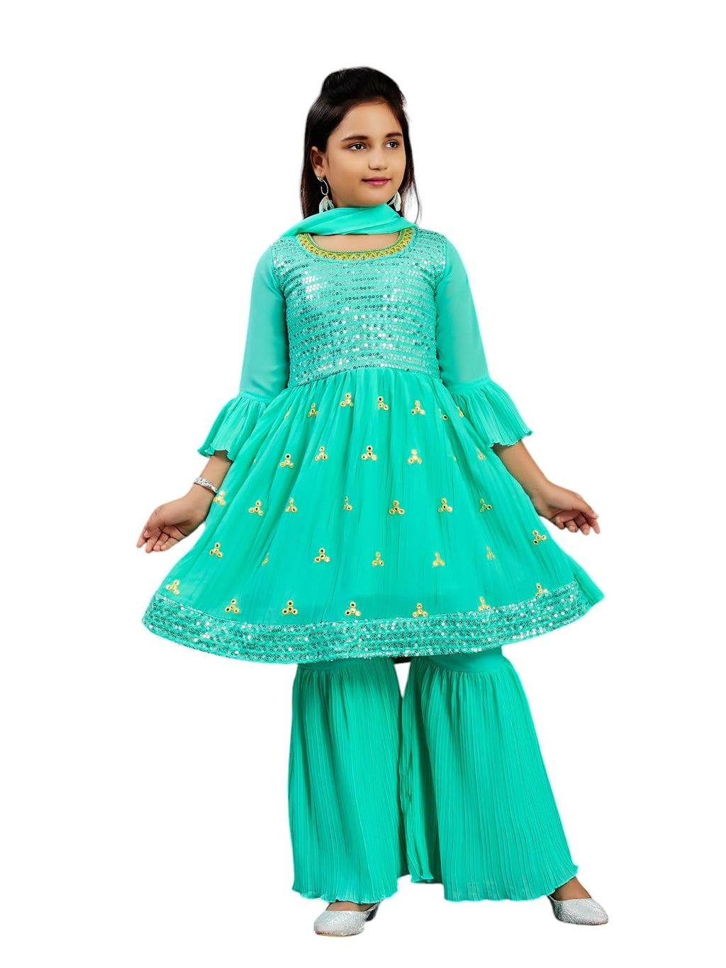 Aarika Girls Ethnic Wear Sea Green Colour Sequins Embroidery Georgette Kurti Sharara Set (5-11 Years)