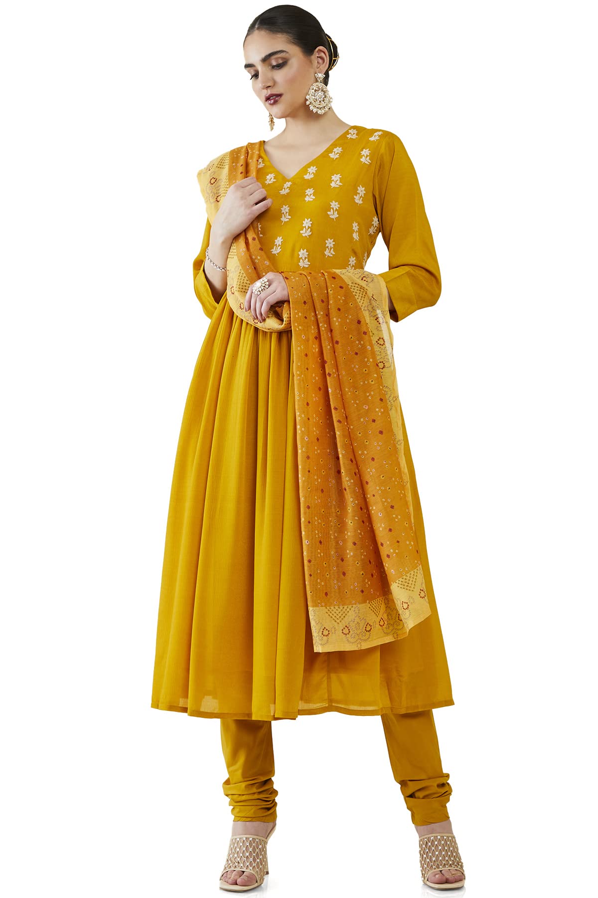 Soch Women Chiffon Flared Suit Set with Embroidery and Bandhani Printed Designs