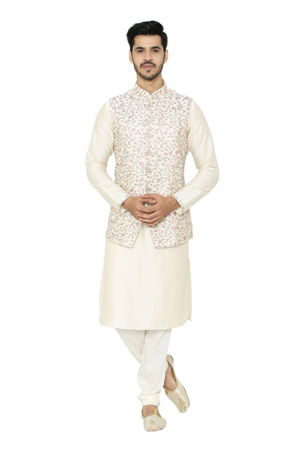 Manyavar Mens Silk Blend Other Kurta Pyjama with Waist Coat (JAST158_Cream_XL)