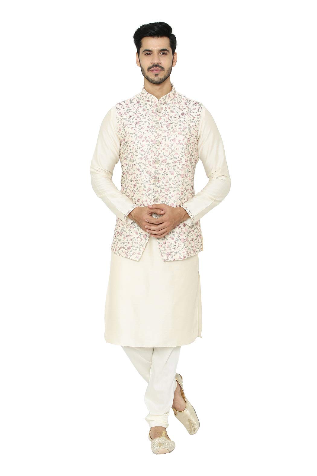 Manyavar Mens Silk Blend Other Kurta Pyjama with Waist Coat (JAST158_Cream_XL)