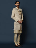 Kisah MenS Peach And Beige Indo-Western Kurta Sherwani Churidar Set Cotton Full Sleaves, Knee Length, Straight, Regular Fit, Ma