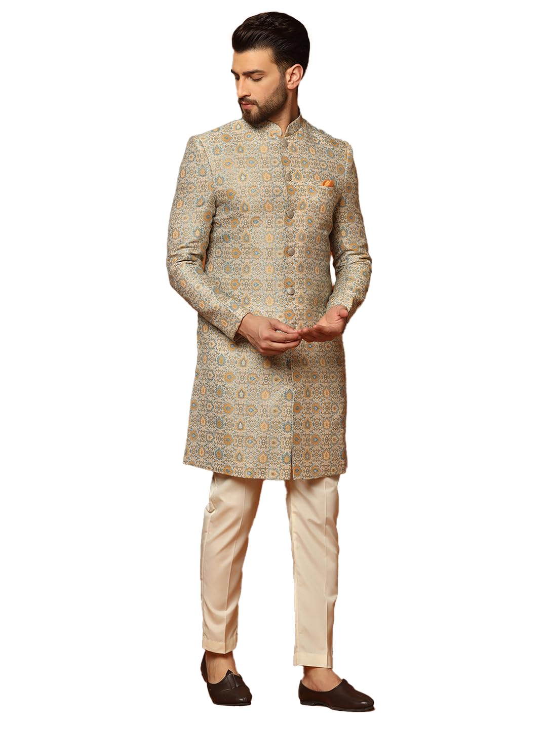 Kisah MenS Sherwani & Trouser Set  Textured Silk Blend Jacquard Ethnic Wear For Men  Regular Fit Wedding & Festive Look  Dry Cle