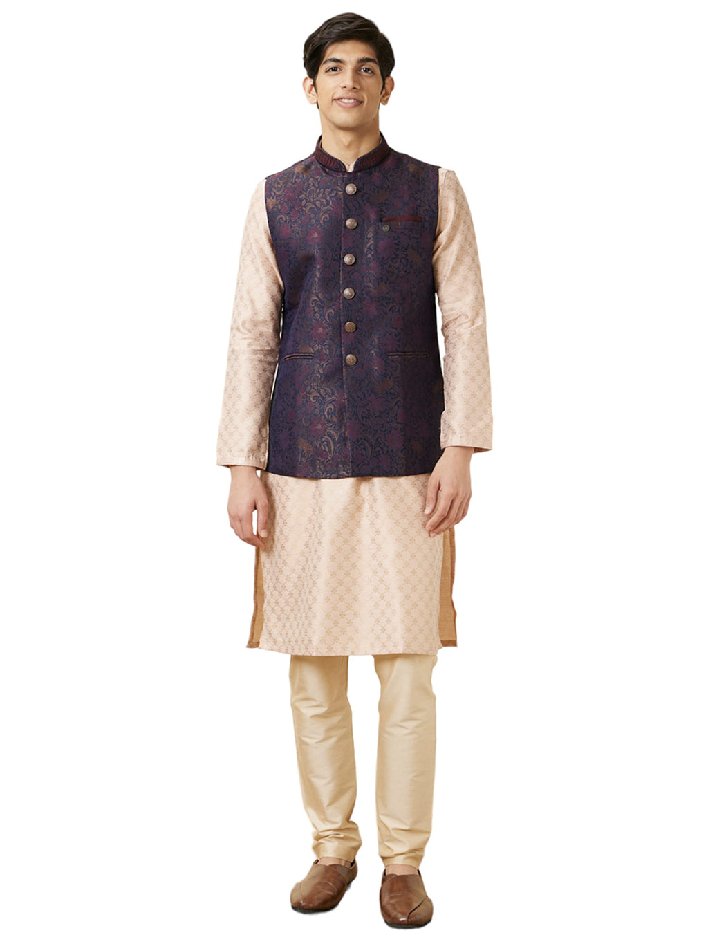 Manyavar Mens Art Silk Self Design Sleeveless Mandarin Collar Traditional Nehru Jacket (Blue,XL)