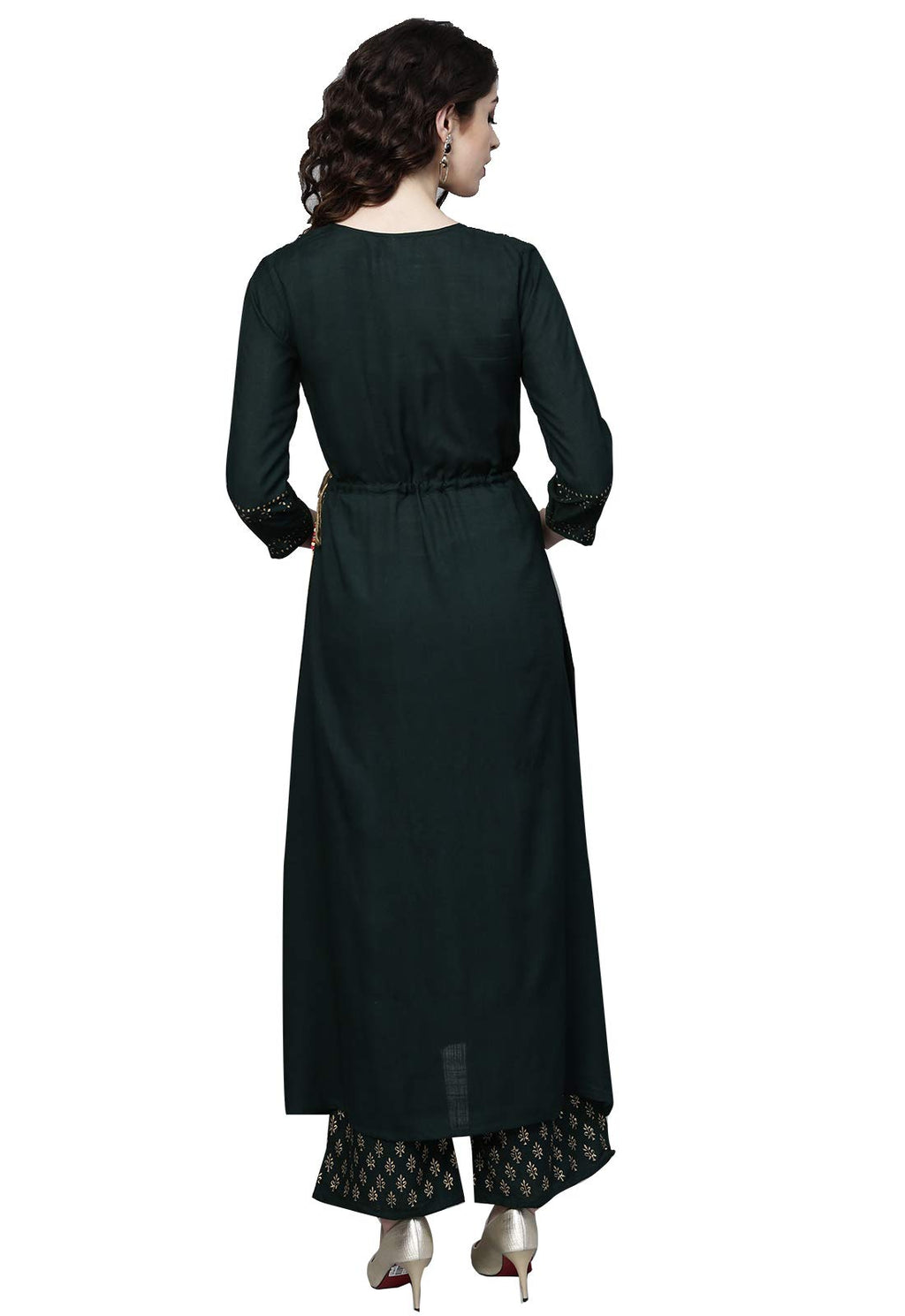 Ishin Women'S Rayon Green Printed Anarkali Kurta & Palazzo Set