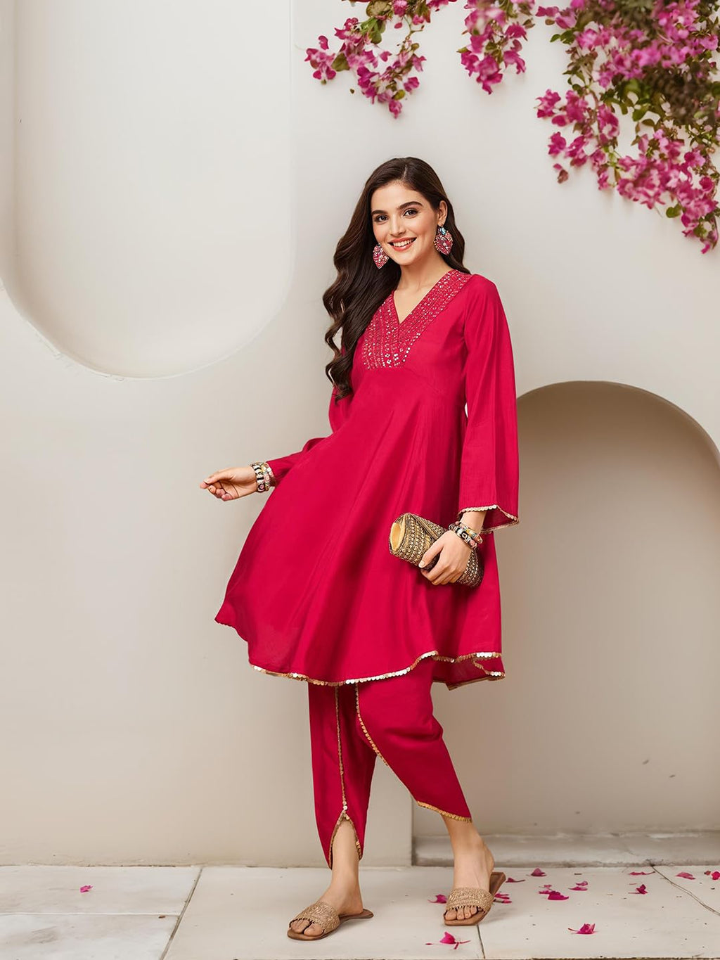 Ishin Women Sequin V-Neck Embellished Knee Length Flared Kurta With Dhoti Pants