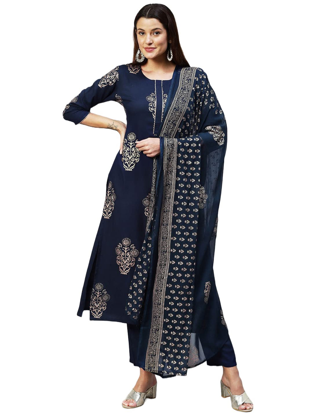 ANNI DESIGNER Women's Cotton Blend Printed Straight Kurta with Pant & Dupatta (RADHU-Cerosin_XL_Navy Blue_X-Large)