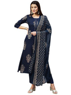 ANNI DESIGNER Women's Cotton Blend Printed Straight Kurta with Pant & Dupatta (RADHU-Cerosin_XL_Navy Blue_X-Large)