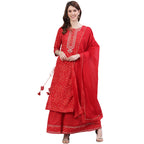 Ishin Women'S Pure Cotton Red Embroidered & Sequinned A-Line Kurta Suit Set With Dupatta & Sharara Xykplpmre-978D_L_Red