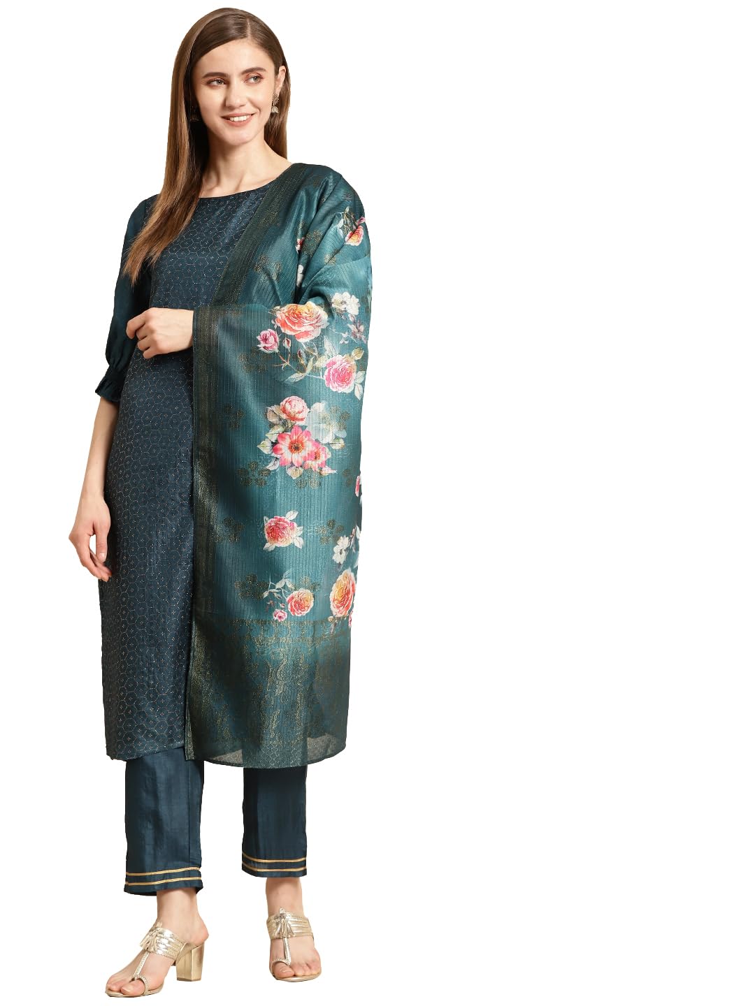 Libas Gerua Womens Printed Silk Blend Straight Kurta With Trousers And Dupatta