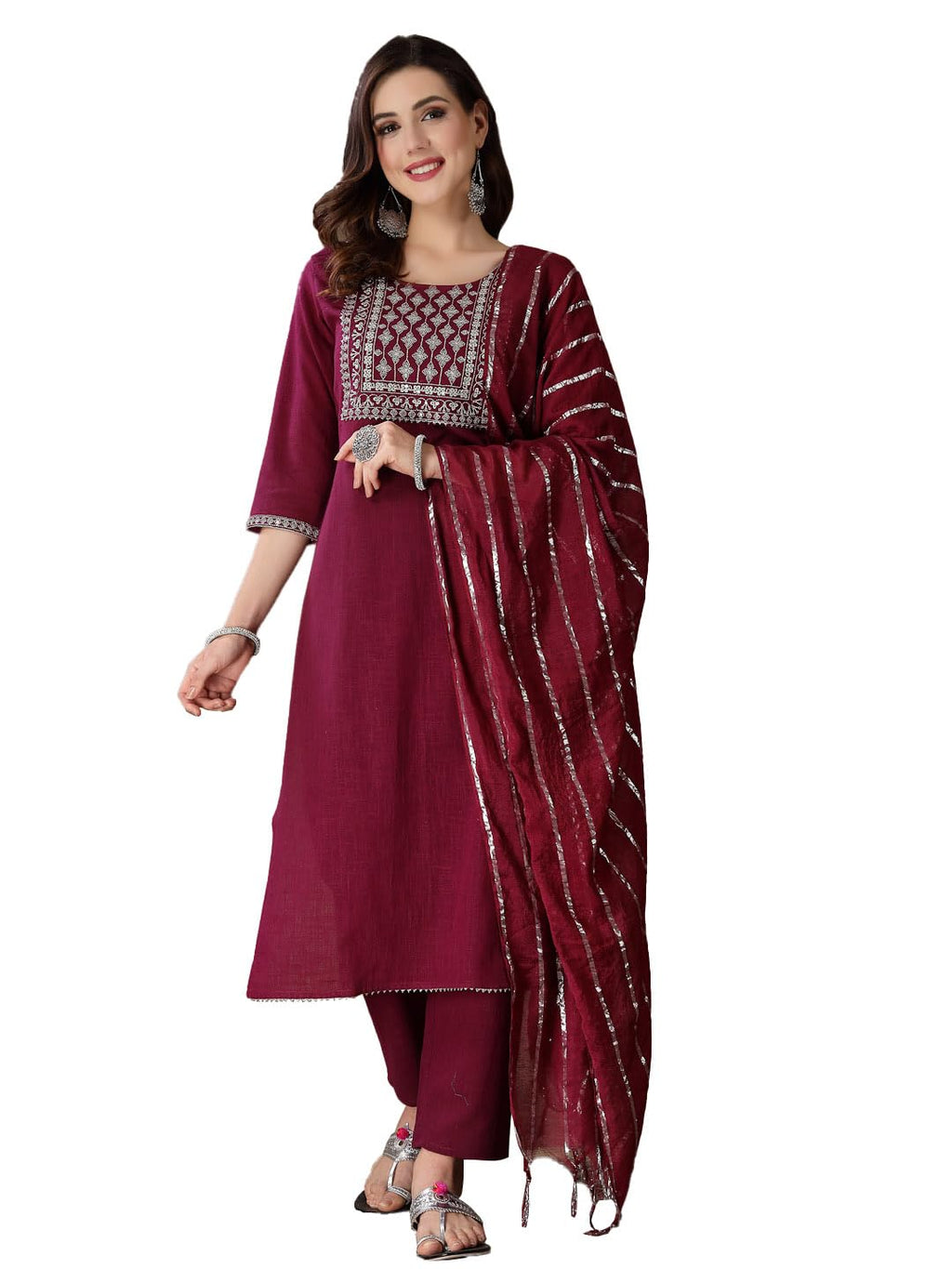 Stylum Women'S Embroidered Cotton Straight Kurta Pant Dupatta Set (Kpdwinelila40_Wine, L)