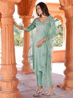 Womanista WomenS Cotton Embroidered Kurta Set (Kurtaset_1135B_Sea Green