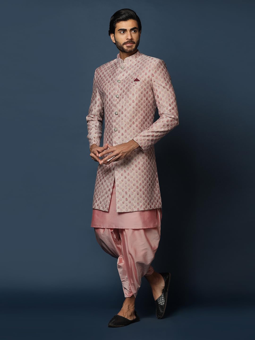 Kisah MenS Cream Indo-Western Kurta Sherwani Dhoti Set Cotton Full Sleaves, Knee Length, Straight, Regular Fit, Mandarin Collar
