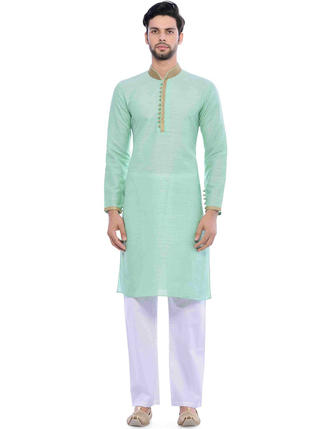 Manyavar MenS Full Sleeve Blended Kurta & Pyjama Set, Light Green - Medium (S952552-334)