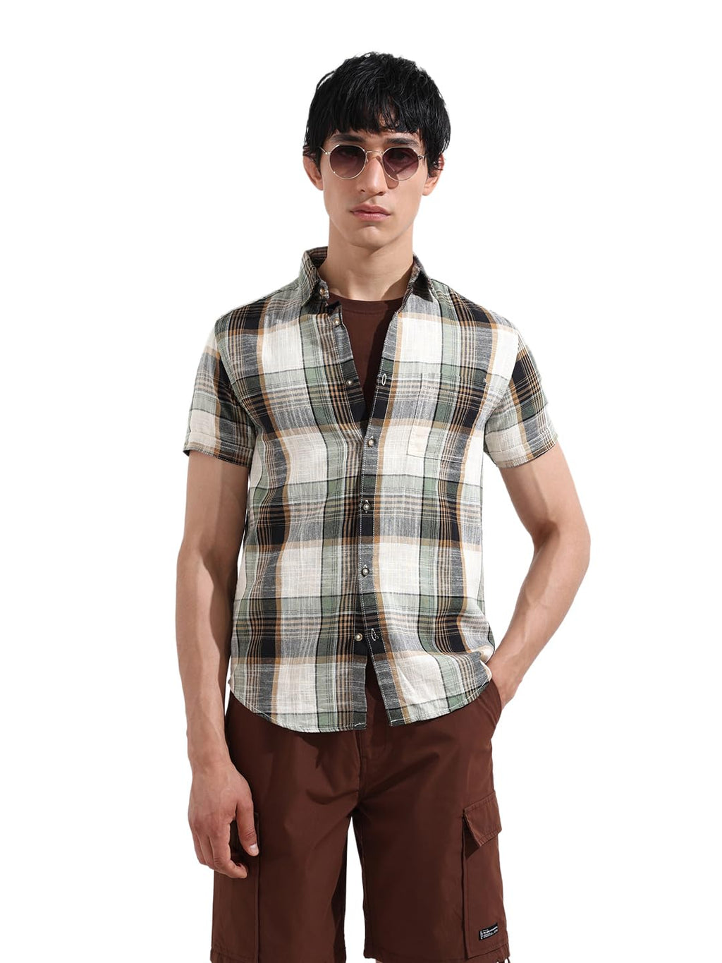 The Indian Garage Co Mens Slim Fit Checkered Half Sleeves Cutaway Collar Shirt