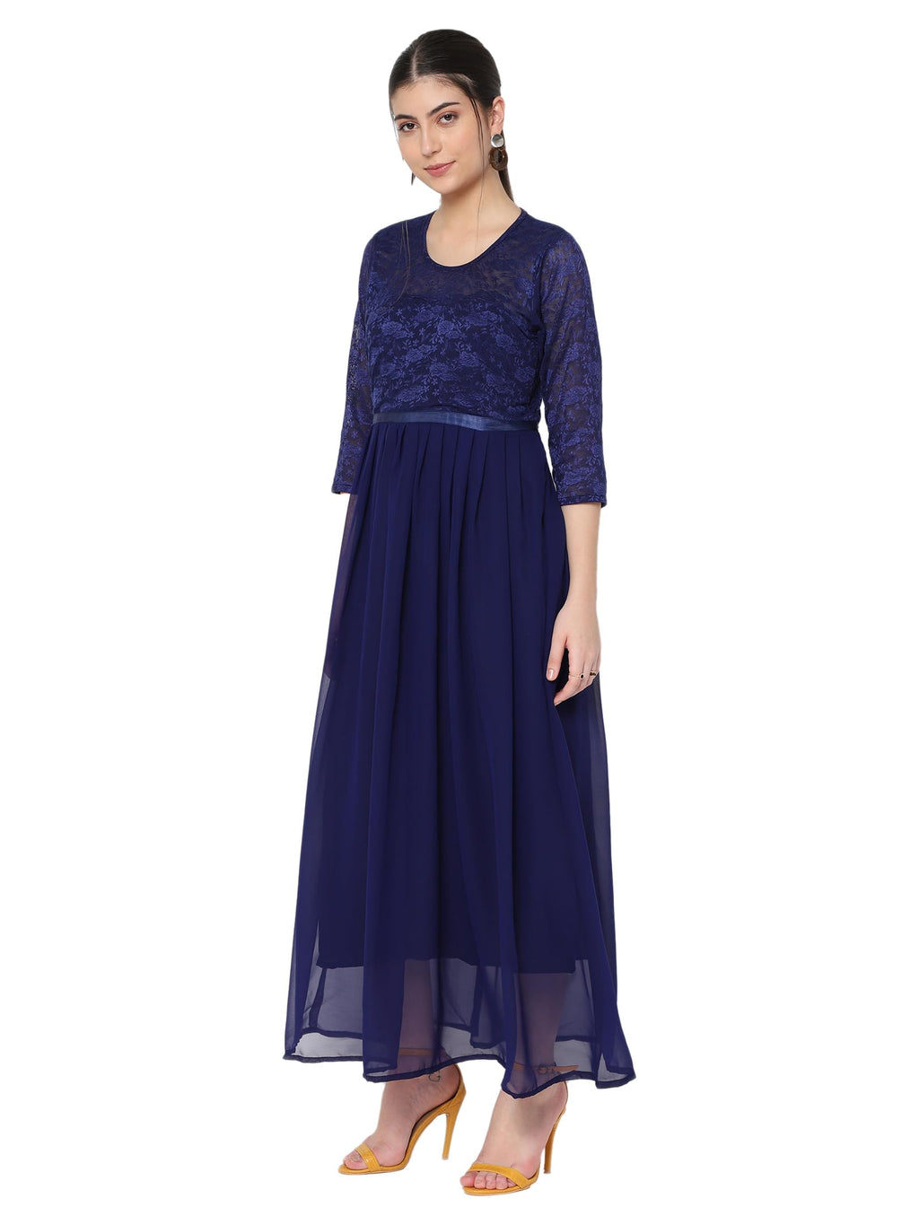 Avanova Georgette Navy Blue Round Neck Maxi Western Dresses For Women (Dress 82 N Blue M)