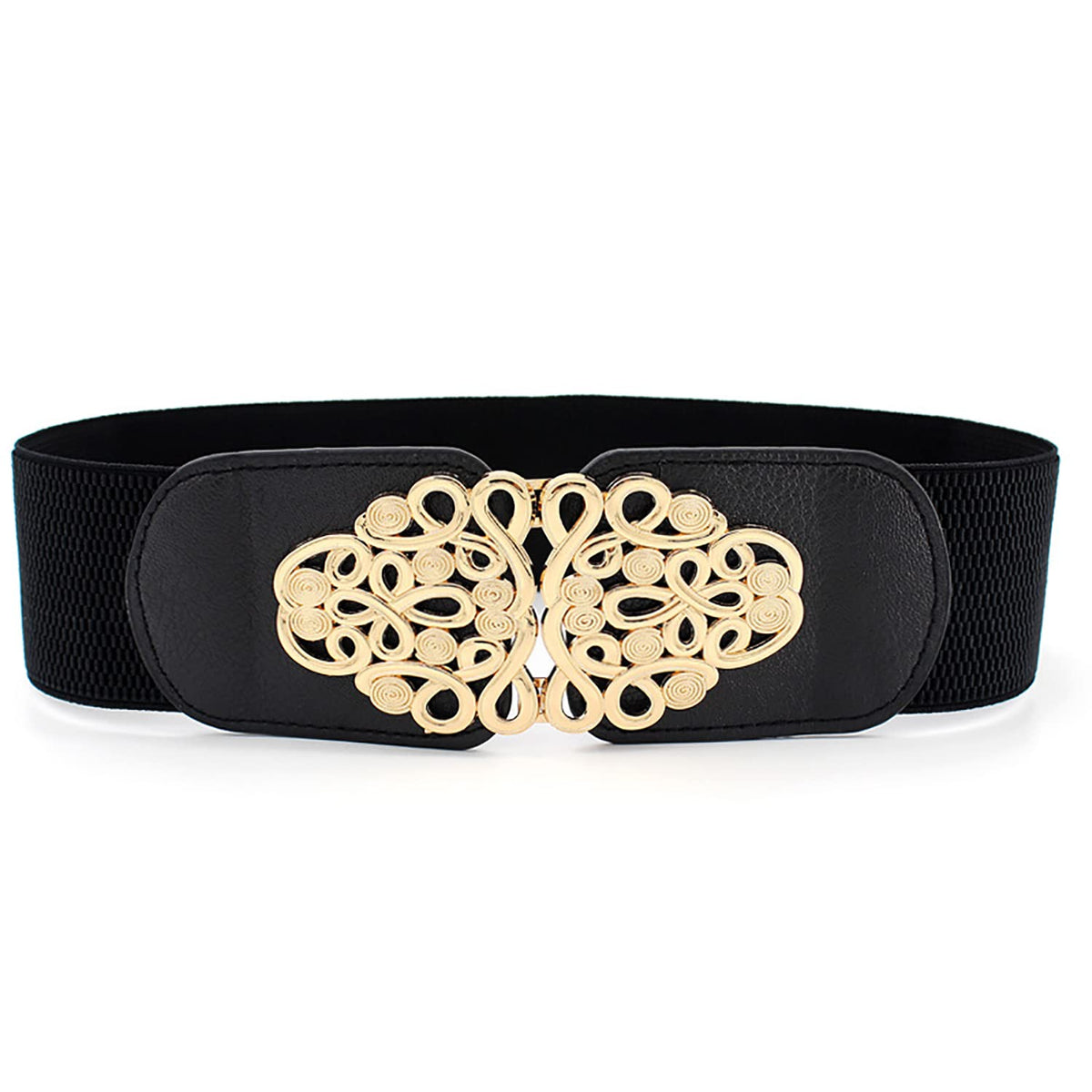 Syga WomenS Pu Leather Cinch Belt With Elegant Swirl Design Metal Buckle, Stretchable Waistband For Dresses  Black 65 ltr