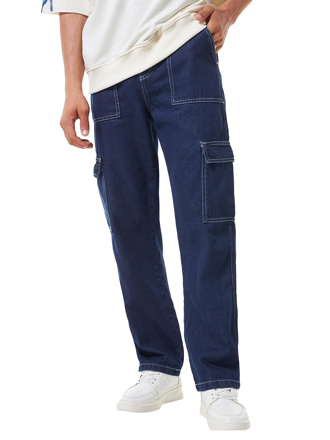 Bewakoof Mens Baggy Regular Fit Cargo Jeans_624255_Blue_30
