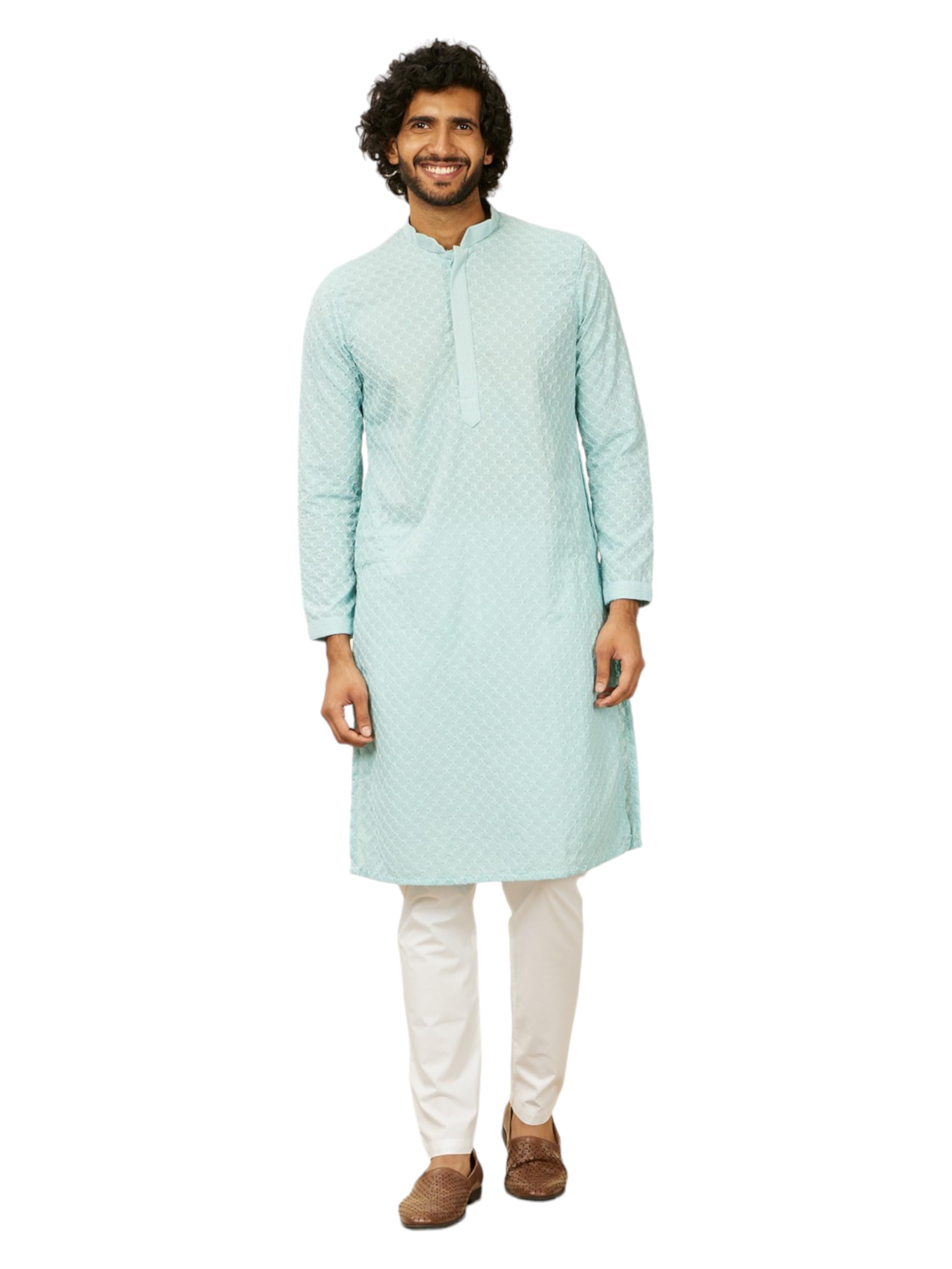 Manyavar Light Blue Blended Cotton Embroidery|Zari Kurta Pyjama Set For Men