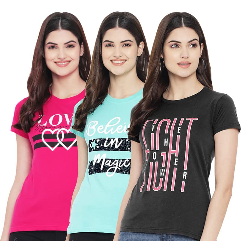 Preneum Womens Cotton Regular Fit Latest Graphic Stylish Printed Short Sleeves Casual T-Shirt || Trendy & Styling (Pack 3), Pin