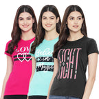 Preneum Womens Cotton Regular Fit Latest Graphic Stylish Printed Short Sleeves Casual T-Shirt || Trendy & Styling (Pack 3), Pin