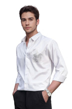 Indoprimo MenS Stylish Long Sleeve Satin Sequence Print Shirt White