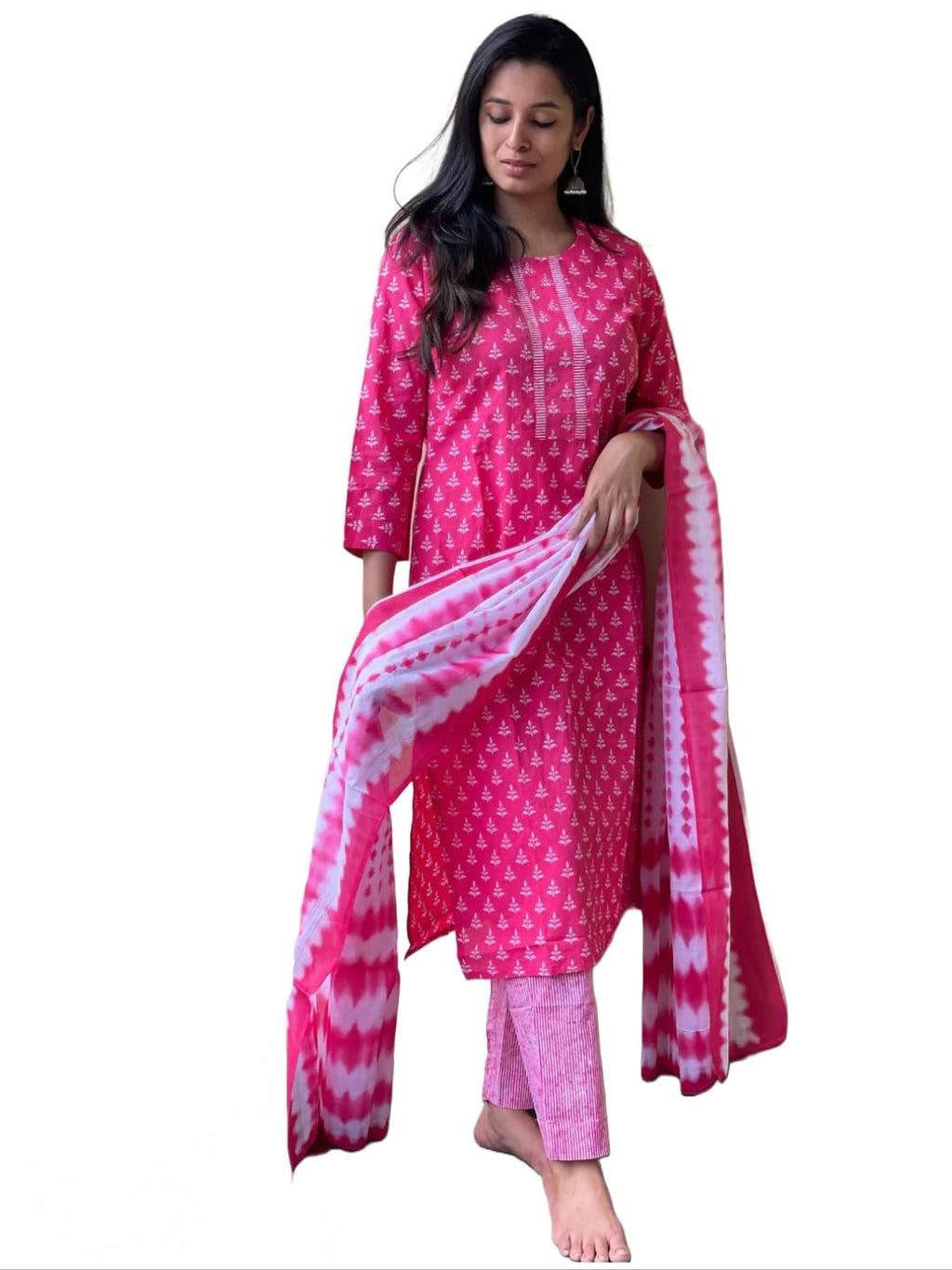 ANNI DESIGNER Womens Cotton Blend Straight Printed Kurta with Pant & Dupatta (Noor Pink-SM_S_Pink_Small)