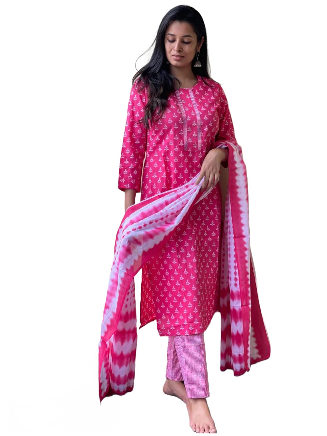 ANNI DESIGNER Womens Cotton Blend Straight Printed Kurta with Pant & Dupatta (Noor Pink-SM_S_Pink_Small)