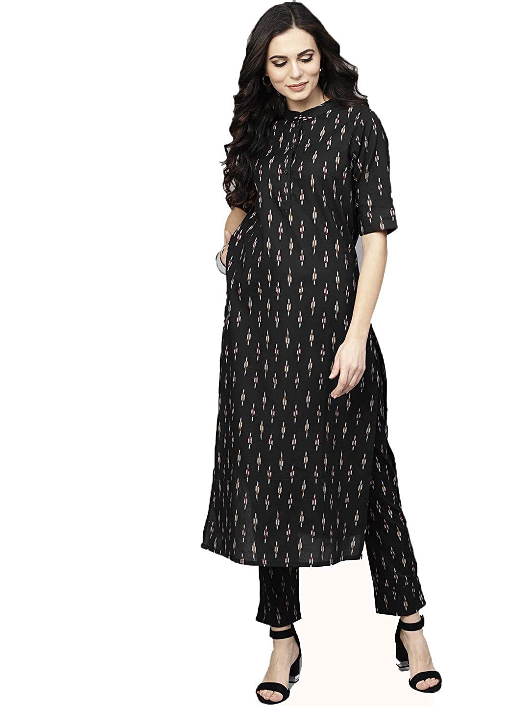 Gosriki Women'S Cotton Straight Kurta With Palazzo (Gshk117_Xxl_Black_Xx-Large)