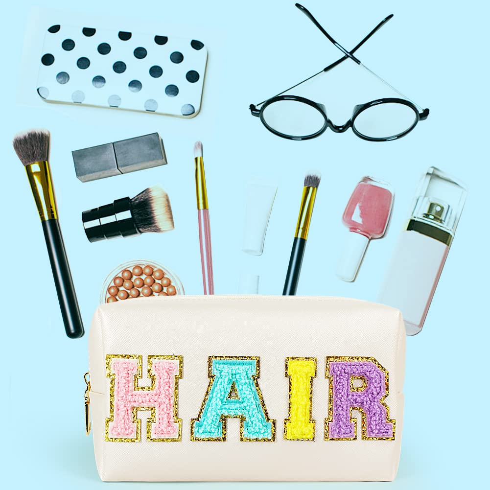 JOINDO Preppy Patch Makeup Bag, Chenille HAIR Letter Cosmetic Bag,PU Leather Skincare Toiletry Bag, Portable Makeup Bag with Var