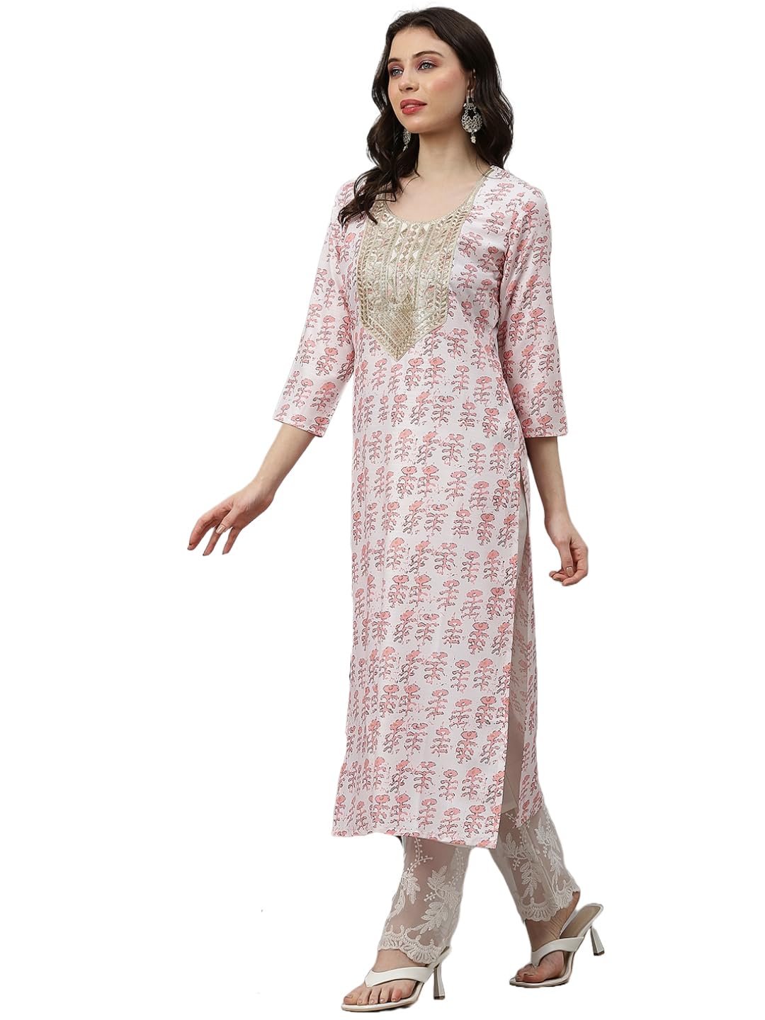 Gosriki Women'S Cotton Blend Straight Yoke Design Printed Kurta (Chameli Peach-Nwr-Gs_S_Peach_Small)
