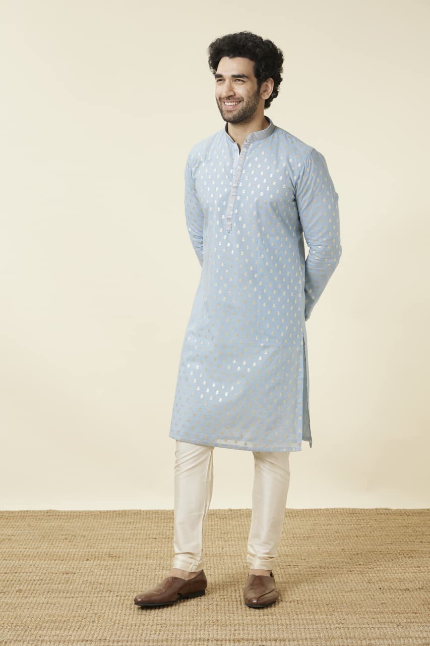 Manyavar Mens Chanderi Self Design Full Sleeves Knee Length Kurta Set