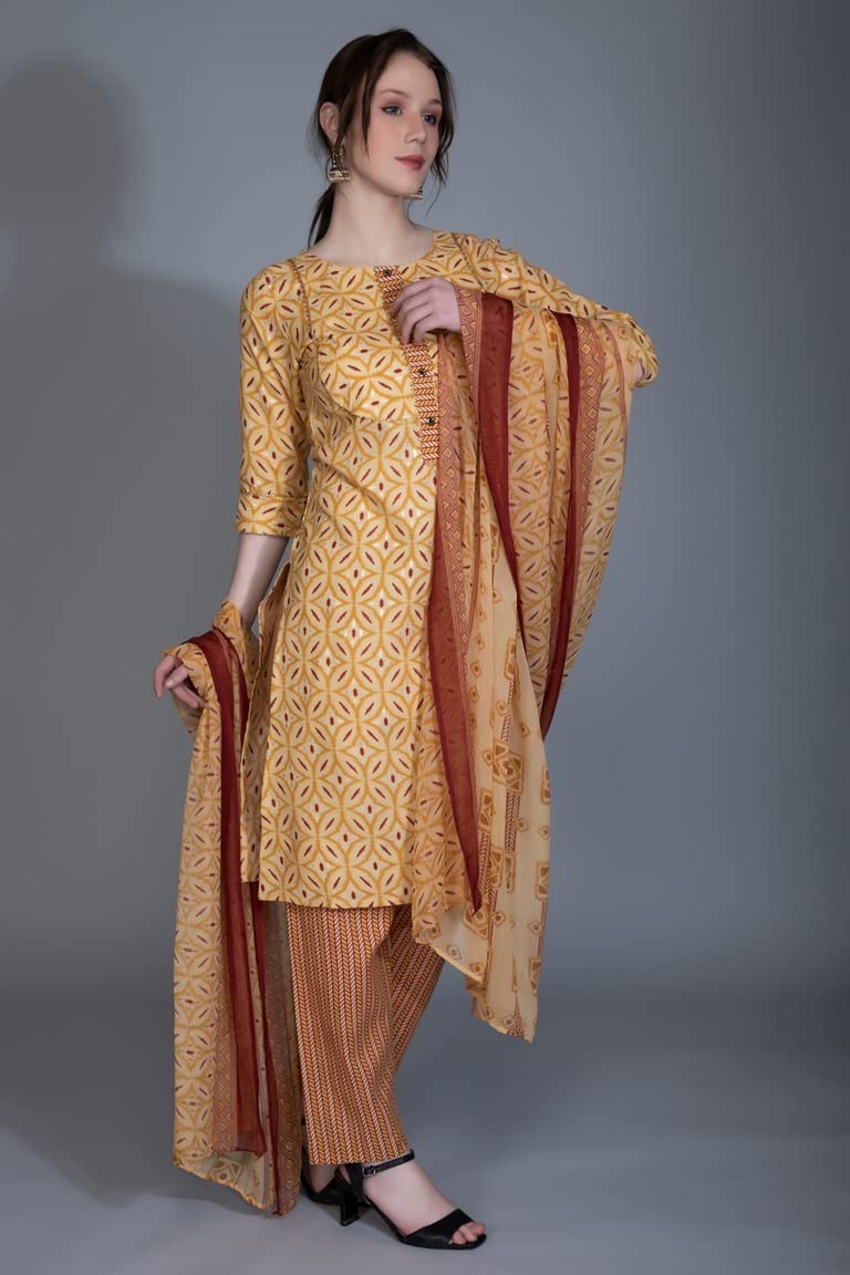 Om Sai Latest Creation Kurta Set For Women|| Cotton Fully Stitched Straight Geometric Style Ethnic Motif Printed Kurta With Prin