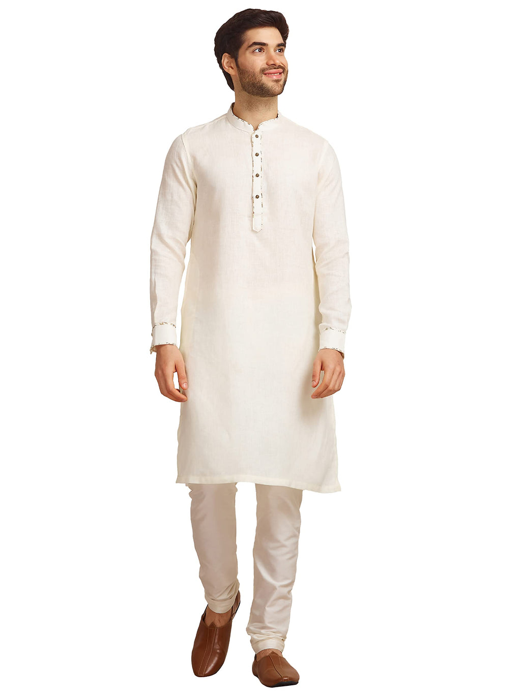 Manyavar Off White/Cream Linen Full Sleeve Kurta | Traditional Kurta for Men (M)
