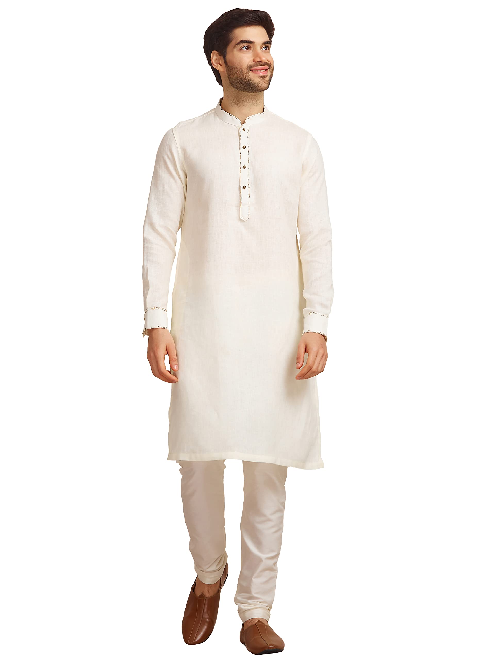 Manyavar Off White/Cream Linen Full Sleeve Kurta | Traditional Kurta for Men (M)