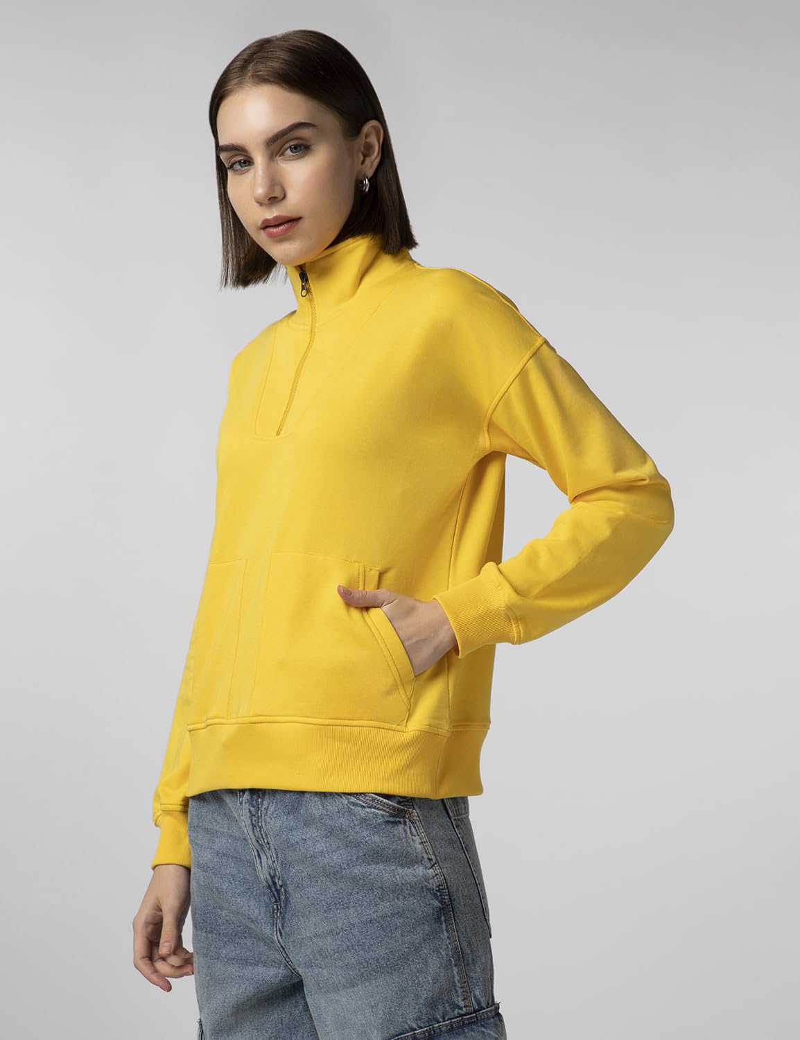 FYLTR Womens Casual Stand Collar Jacket with Drop Shoulder & Boxy Fit - Half Zipper | Utility Pockets | Rib Hem & Cuff Mellow Y