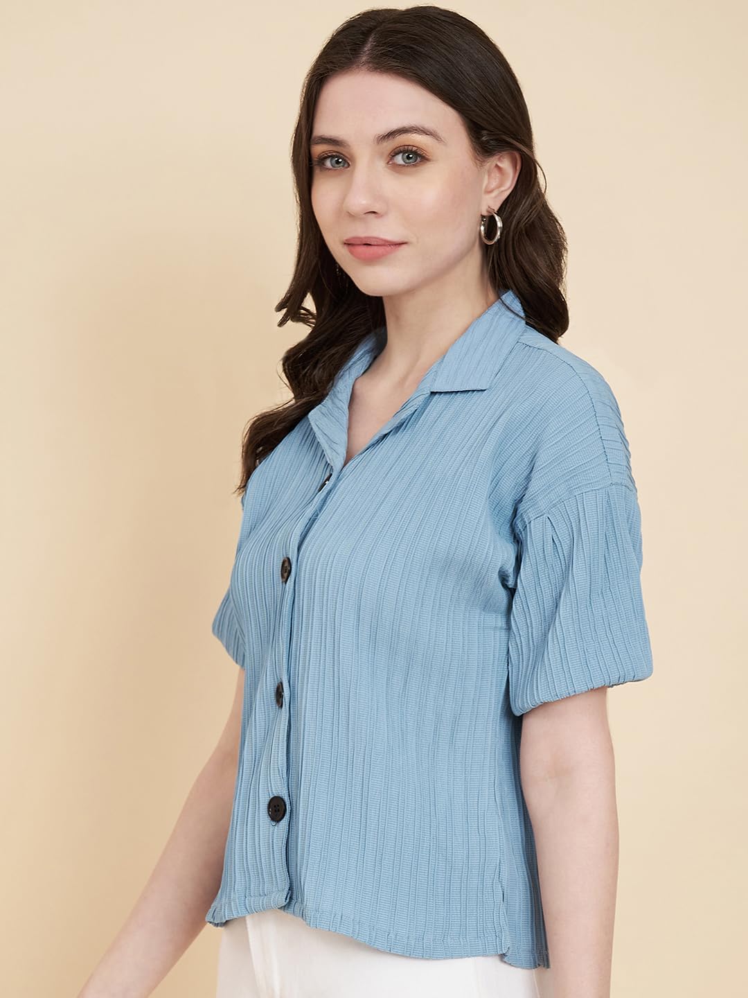 Vairagee Women Cotton Blend Blue Striped Pattern V-Collar Half Sleeve Stylish Boxy Shirt (1621)