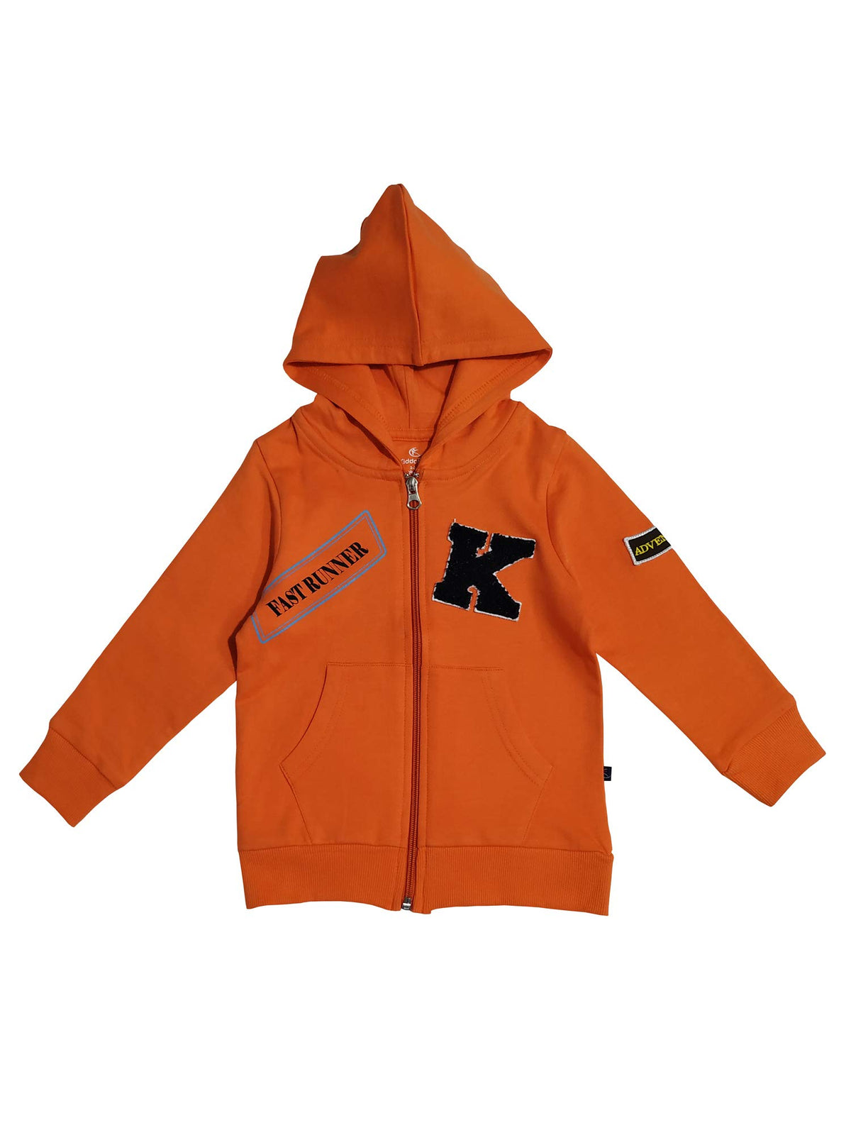 KiddoPanti Boys Front Open Hooded Sweatshirt with Badges & Print on Back, Orange, 12Y 18-24