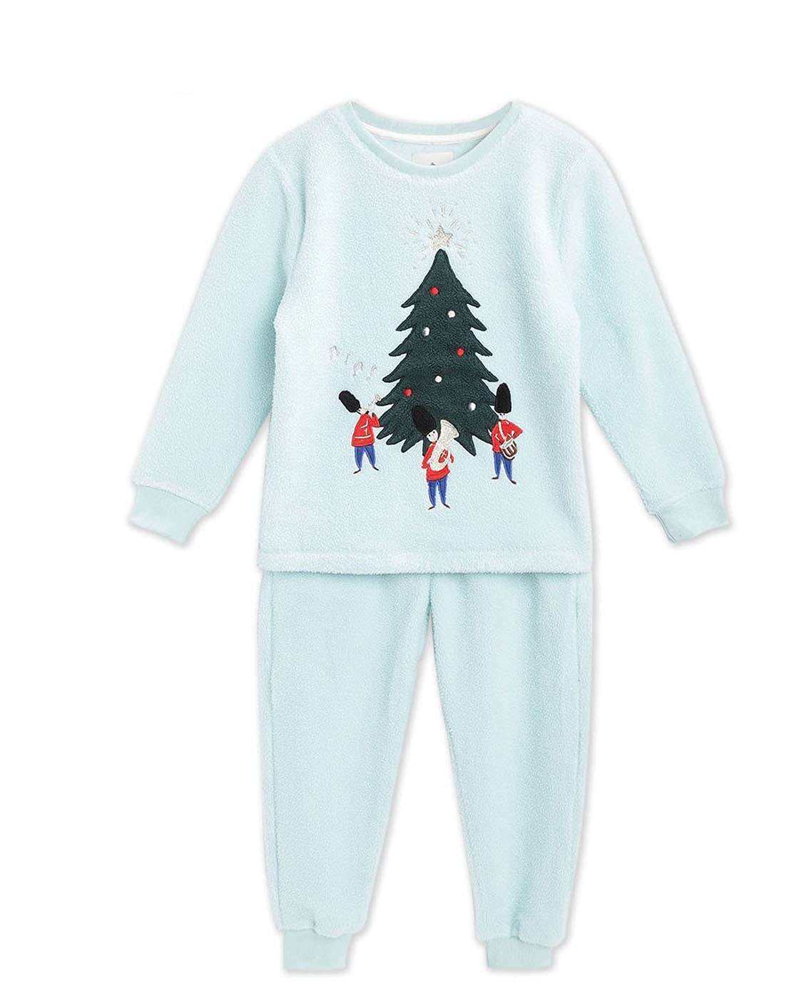 Cherry Crumble Sky Blue Applique Polyester Full Sleeves Round Neck Christmas Wear Regular Fit Applique Winter Nightsuit for Boys 13-14