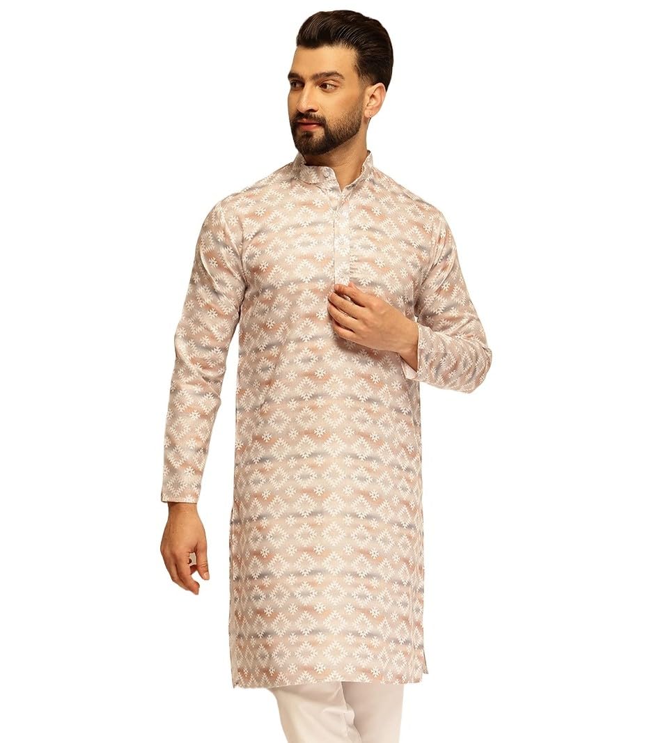 SOJANYA (Since 1958 Mens Cotton Linen Self Design Beige Long Kurta