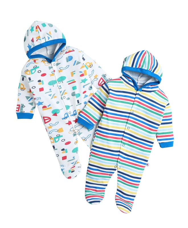 BUMZEE White & Multi Baby Boys Full Sleeves Sleepsuit with Hood Pack of 2 Age - New Born (Peb10015A-wht)