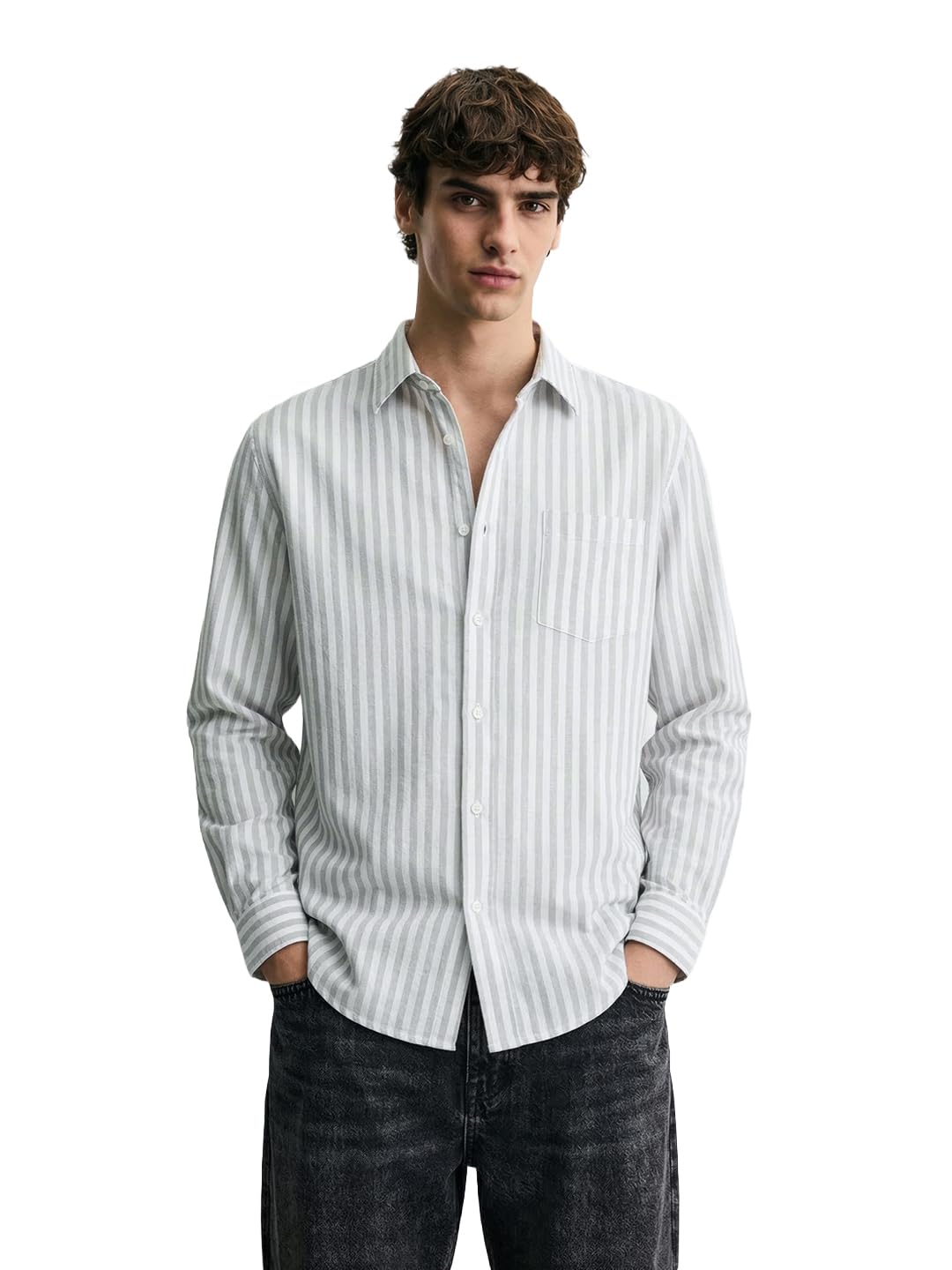 The Indian Garage Co Mens Relaxed Fit Vertical Striped Cutaway Collar Full Sleeves Shirt
