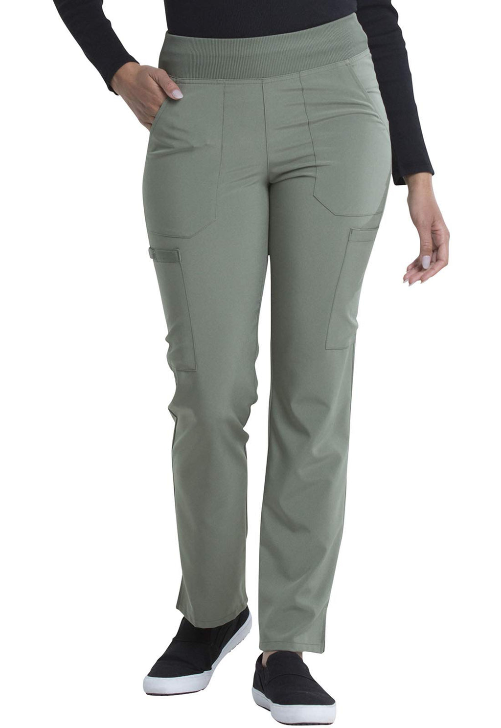 Dickies Women's Scrub Pants Natural Rise Tapered Leg Pull-On Bottoms with 7 Pockets and Knit Waistband DK005P, L Petite, Olive