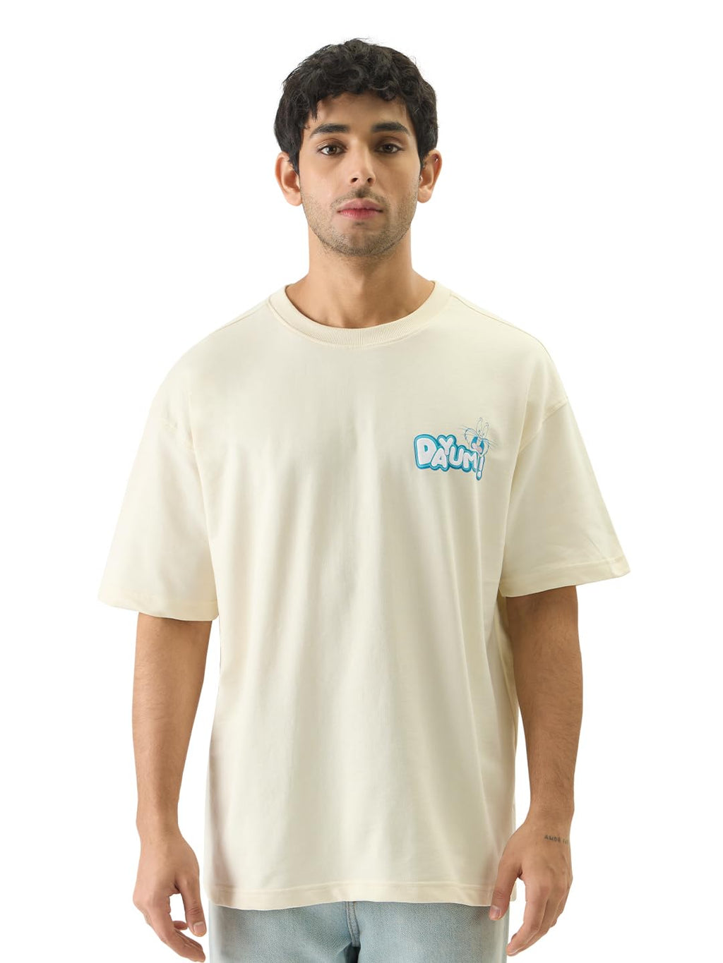 The Souled Store Official Bugs Bunny: Dayum Men and Boys Short Sleeve Round Neck Off White Graphic Printed Cotton Oversized Fit 