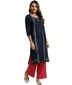 Rangita Navy Blue Rayon Calf Length Printed Straight Kurti For Women | Kurta For Women_L
