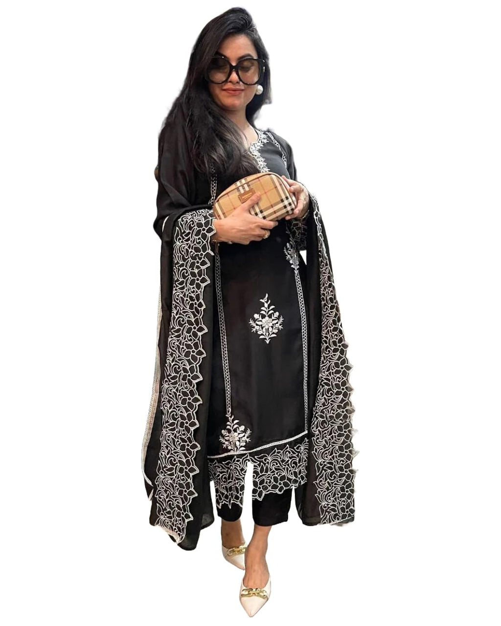 ANNI DESIGNER Womens Rayon Blend Straight Embroidered Kurta with Pant & Dupatta (TRP Black-NM_XL_Black_X-Large)