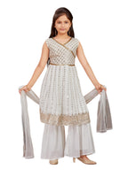 Aarika Girls Ethnic Wear Off White Colour Sequins Zari Embroidery Georgette Kurti Sharara Set (6-16 Years)